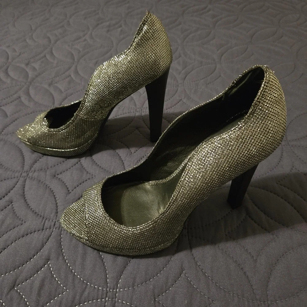 Rebecca Minkoff Heels Womens Size 9M Silver Glitter Peep Toe Stiletto Pump Party
